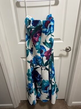 Strapless Floral Midi Dress in White with Blue & Teal Blooms